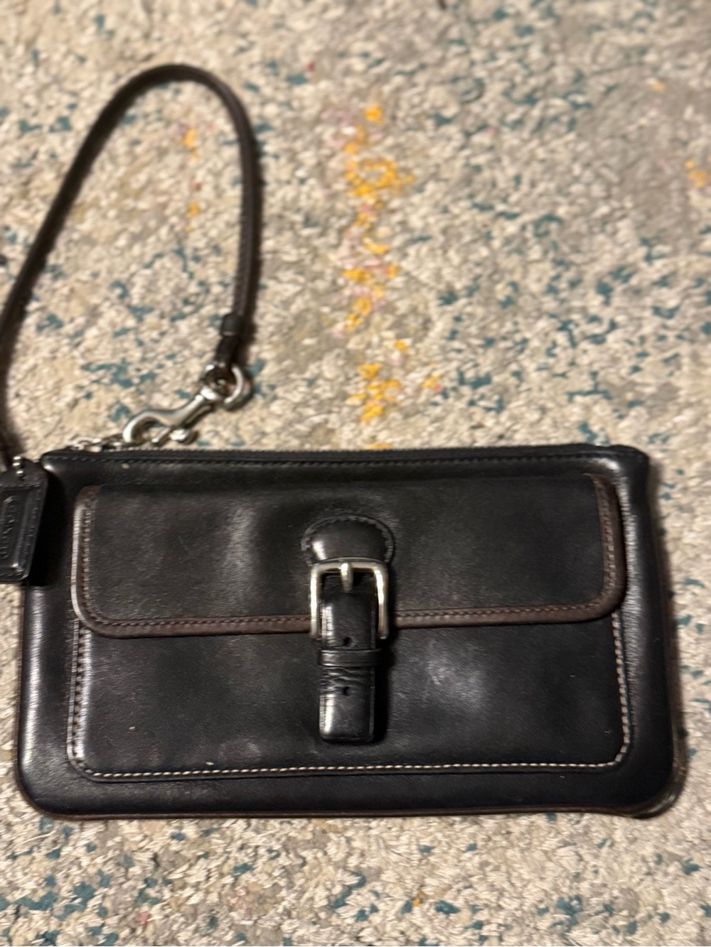 Coach Black Leather Mini Wristlet with Brown Trim